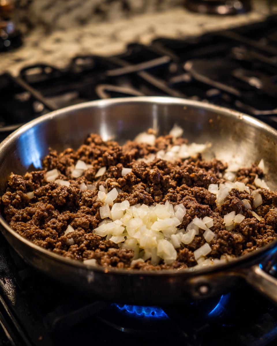 Ground beef and diced onions cooking in a skillet over a blue gas flame for puff pastry cheeseburger pockets.