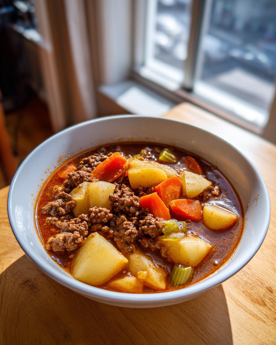 A close-up of a white bowl filled with rich hamburger vegetable soup, featuring ground beef, potatoes, and carrots.