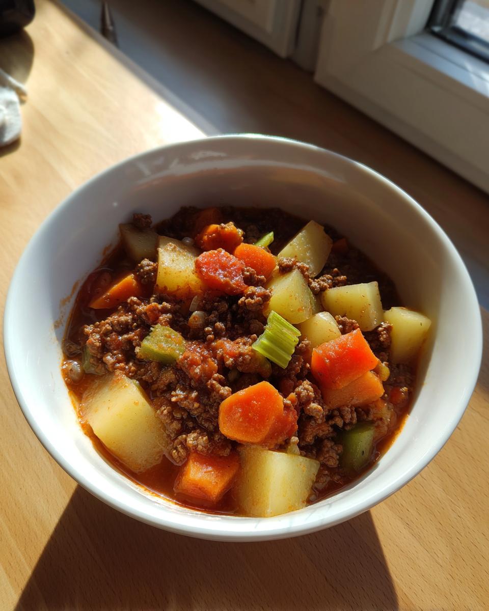A close-up of a bowl of hamburger vegetable soup featuring ground beef, large chunks of potato, carrots, and celery in a rich broth.