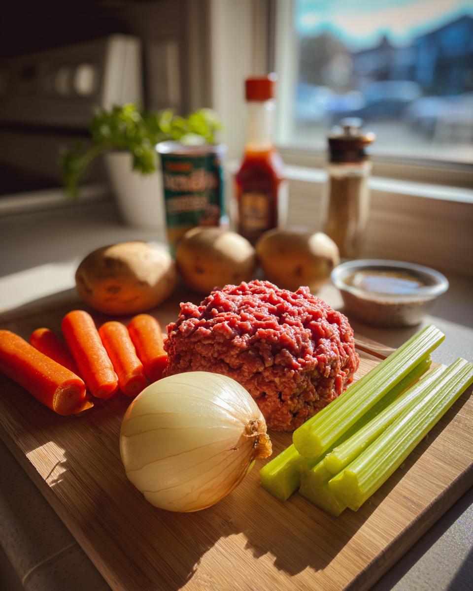 Raw ingredients including ground beef, onion, carrots, and celery for making hamburger vegetable soup.