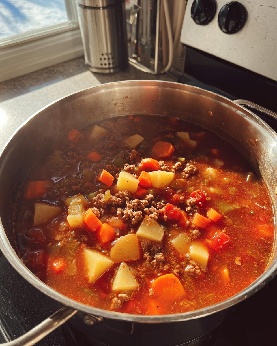 Close-up of hamburger vegetable soup simmering in a stainless steel pot, showing ground beef, potatoes, and carrots.