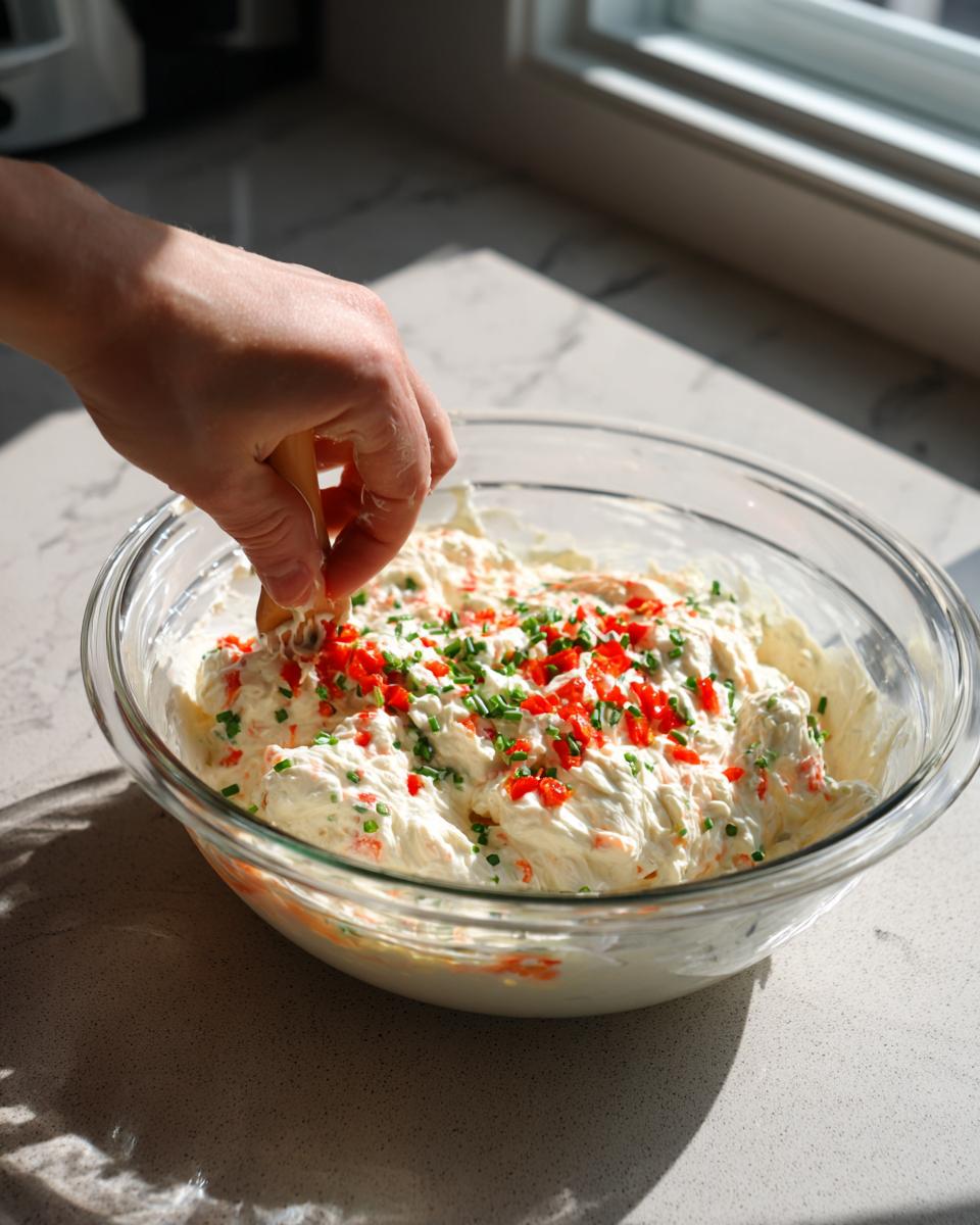 A hand dipping a small cracker into a bowl of creamy, white cream cheese dips for crackers topped with red peppers and chives.