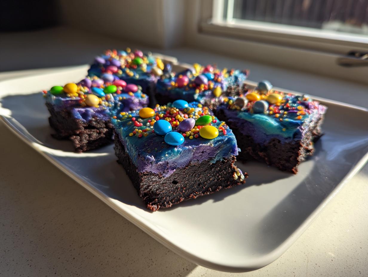 Four squares of rich, dark healthy cosmic brownies topped with vibrant blue/purple frosting and candy pieces.