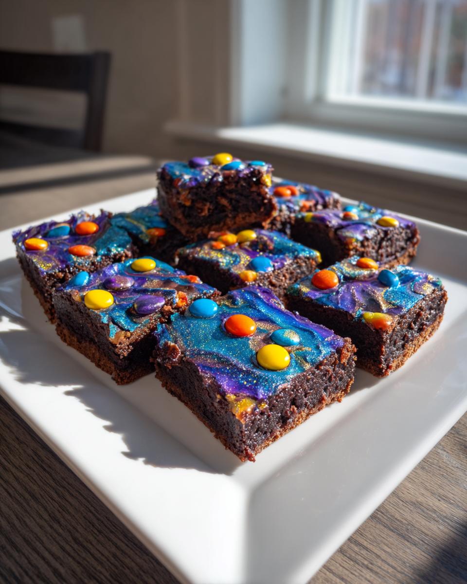 Several squares of healthy cosmic brownies topped with vibrant blue and purple galaxy frosting and colorful candies.