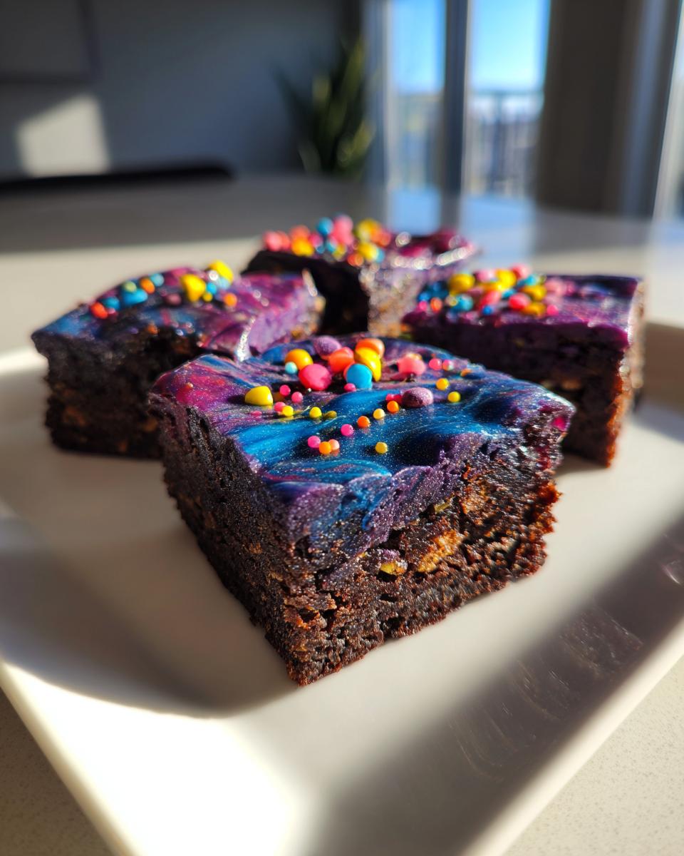 Four square pieces of healthy cosmic brownies topped with vibrant blue and purple galaxy frosting and colorful sprinkles.