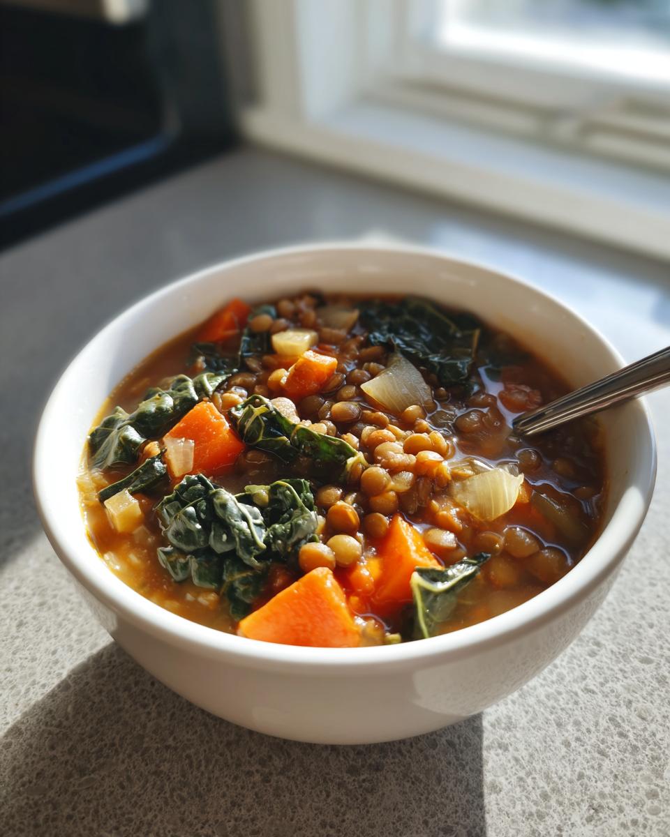 A close-up of a white bowl filled with hearty lentil vegetable soup, featuring lentils, carrots, kale, and onions.