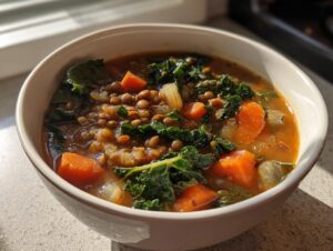 A close-up of a steaming bowl of hearty lentil vegetable soup featuring lentils, bright orange carrots, and dark green kale.