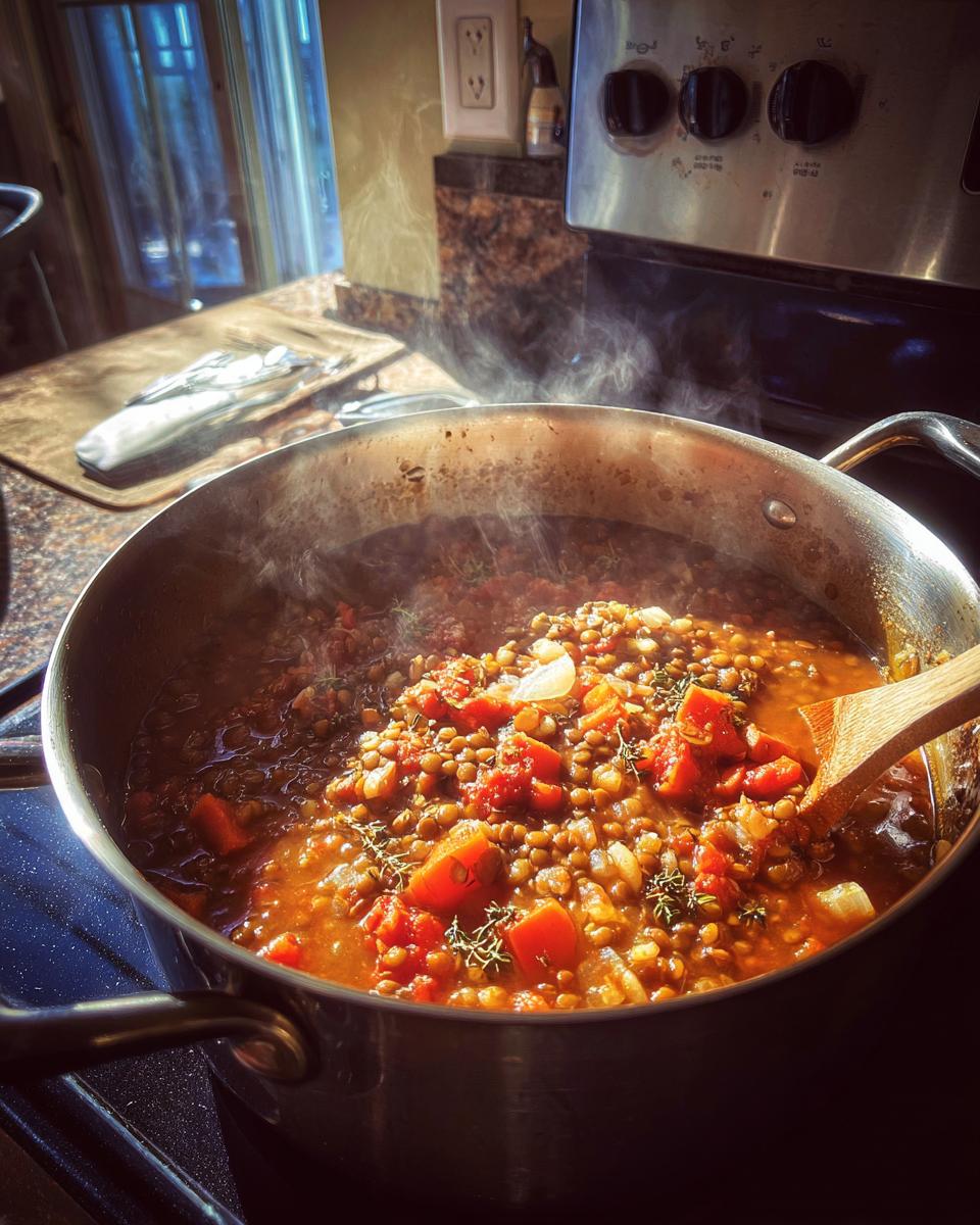 A close-up of steaming lentil vegetable soup simmering in a stainless steel pot on a stovetop, featuring lentils, carrots, and tomatoes.