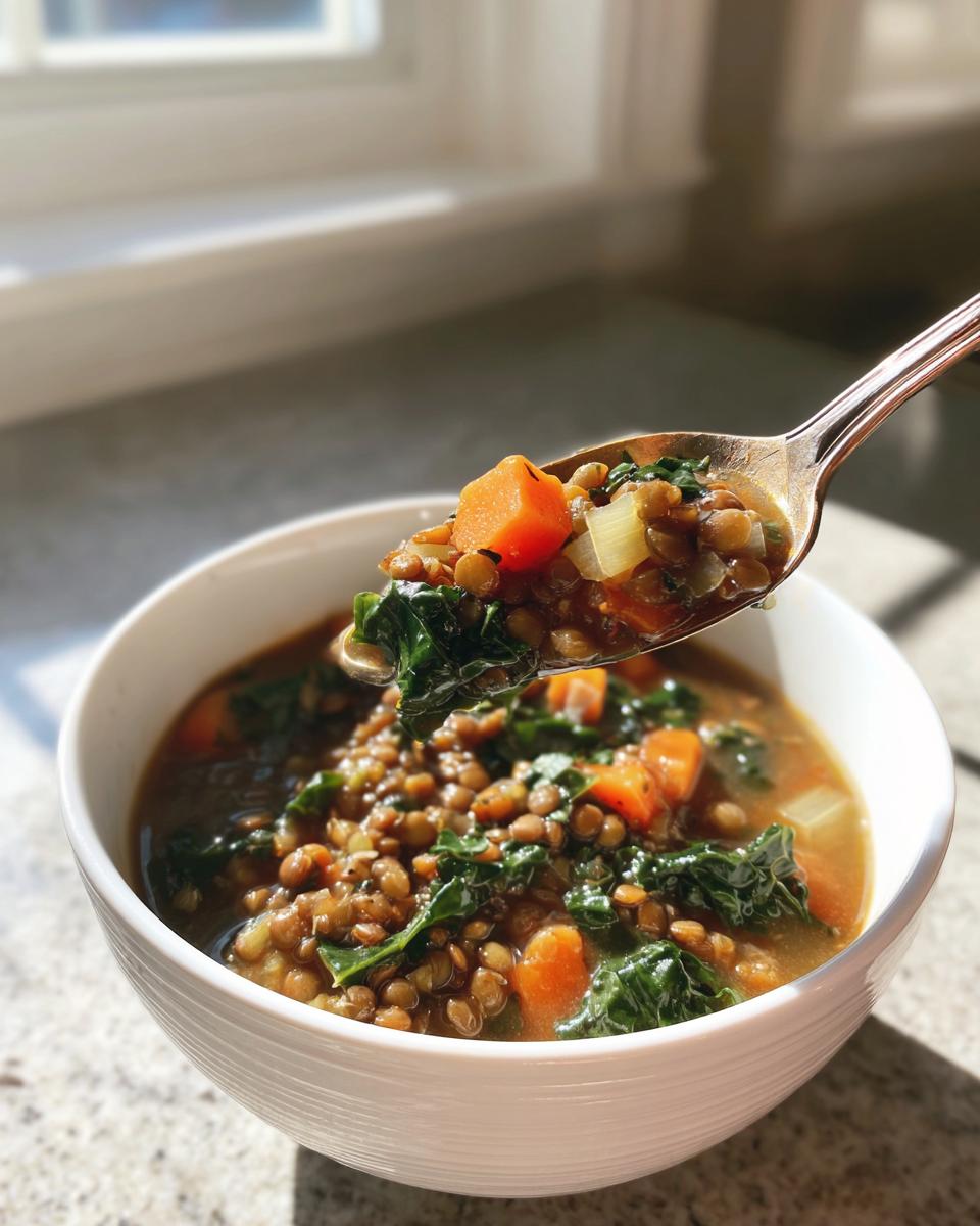 A spoonful of hearty lentil vegetable soup featuring lentils, carrots, and kale being lifted from a white bowl.