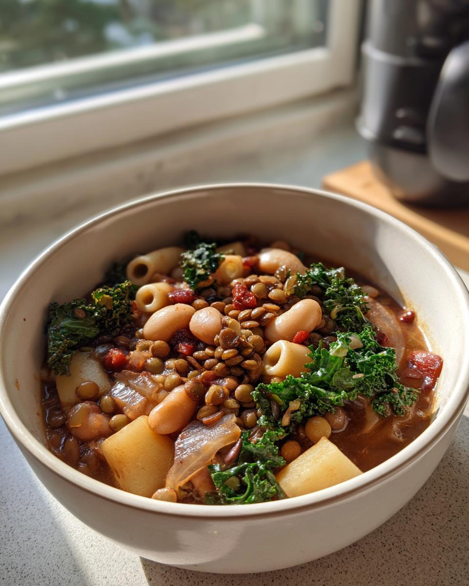 A close-up of a bowl filled with hearty vegetable soup featuring lentils, white beans, kale, and pasta.