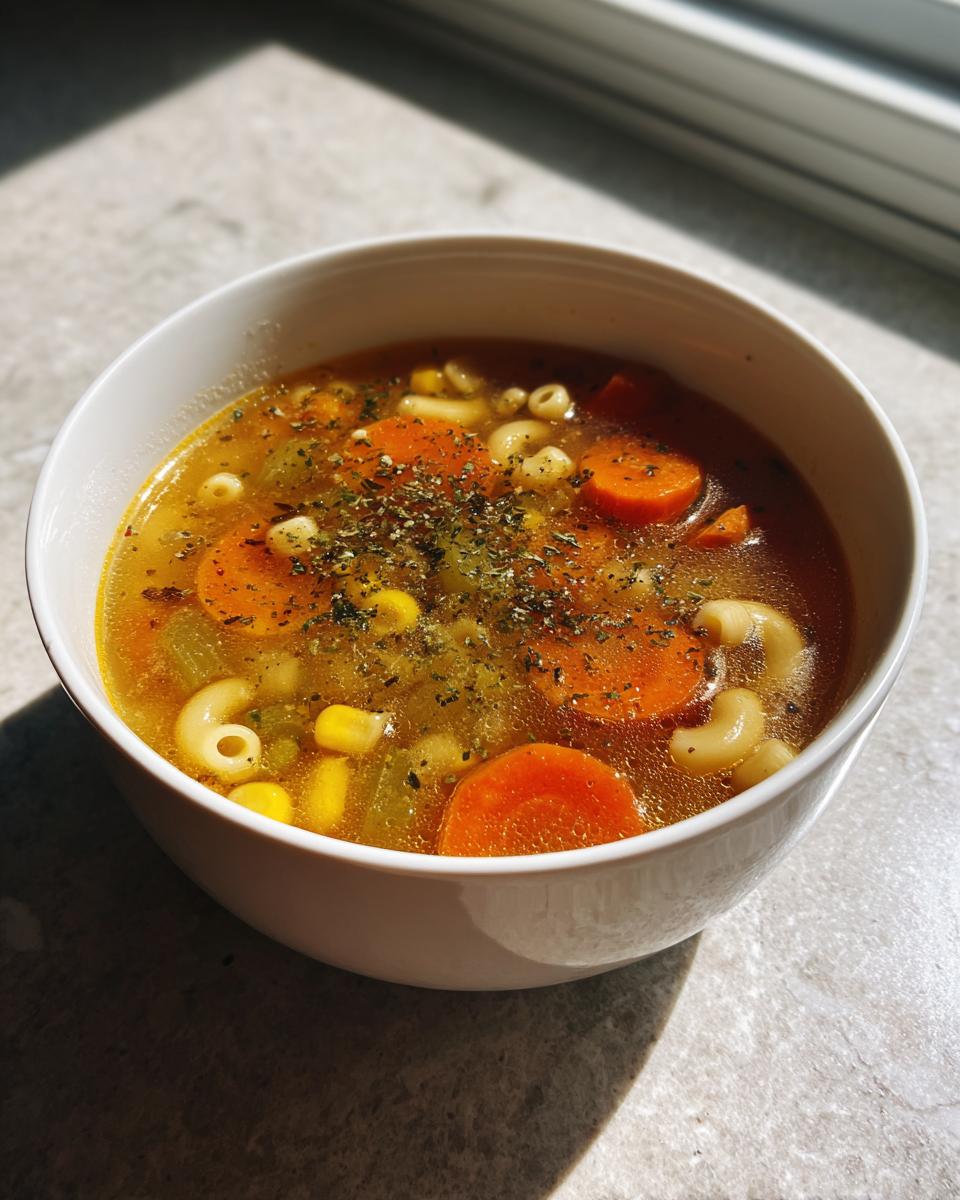 A close-up of a white bowl filled with hearty vegetable soup, featuring carrots, corn, celery, and elbow macaroni.