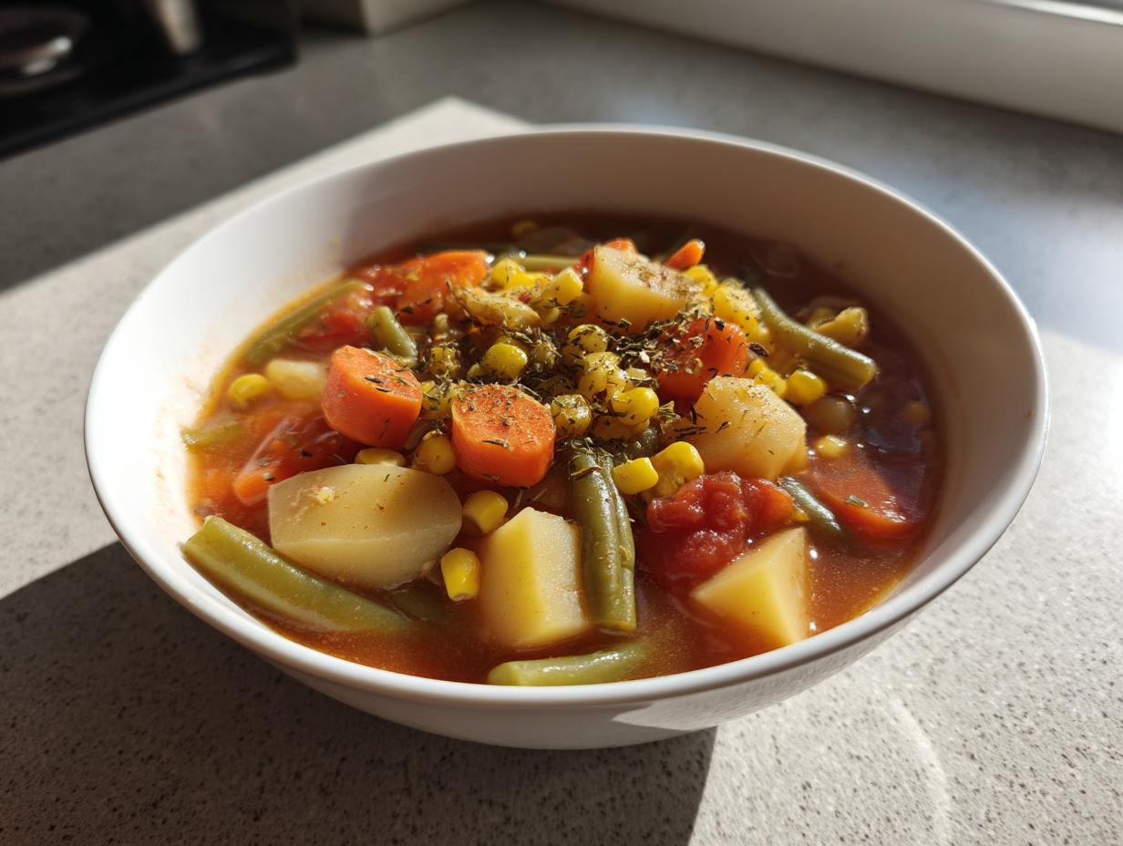 Close-up of a hearty vegetable soup featuring potatoes, carrots, green beans, and corn, seasoned with herbs.