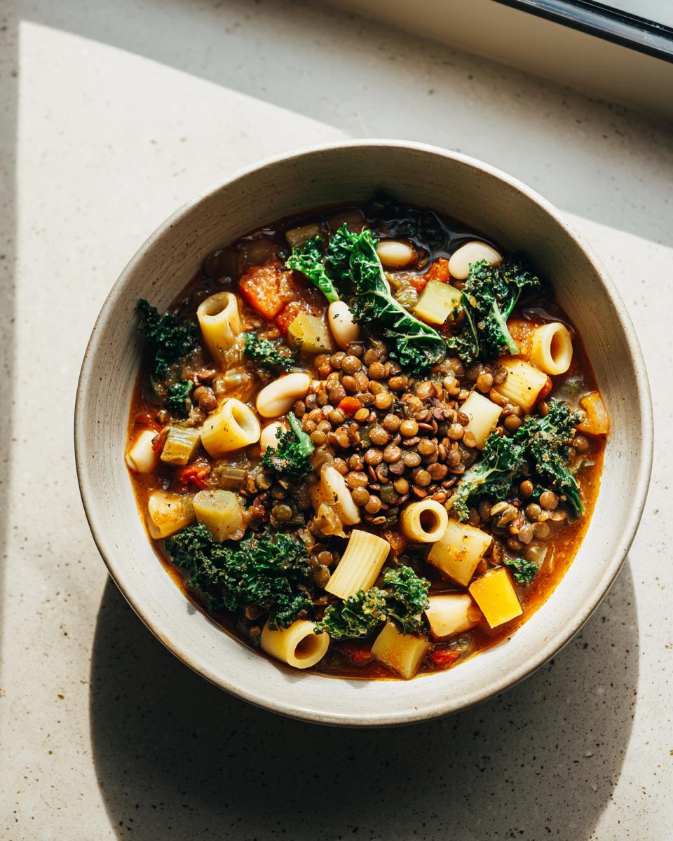 Overhead view of a bowl of hearty vegetable soup featuring lentils, pasta tubes, white beans, and kale.