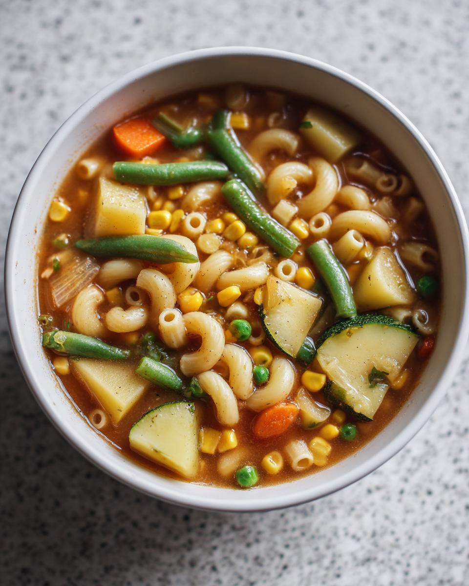 Close-up overhead view of a hearty vegetable soup filled with elbow macaroni, carrots, zucchini, corn, and green beans.