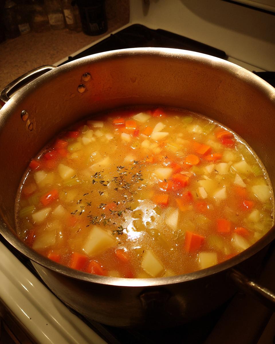 Close-up of chunky vegetable soup simmering in a large stainless steel pot, featuring carrots, potatoes, and herbs.