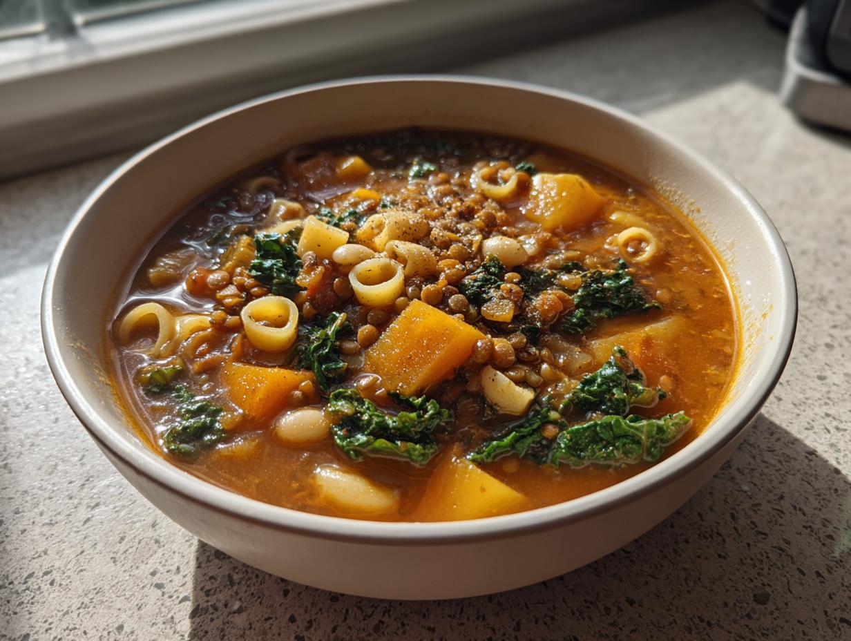 A close-up of a bowl filled with hearty vegetable soup featuring squash, kale, lentils, and pasta.