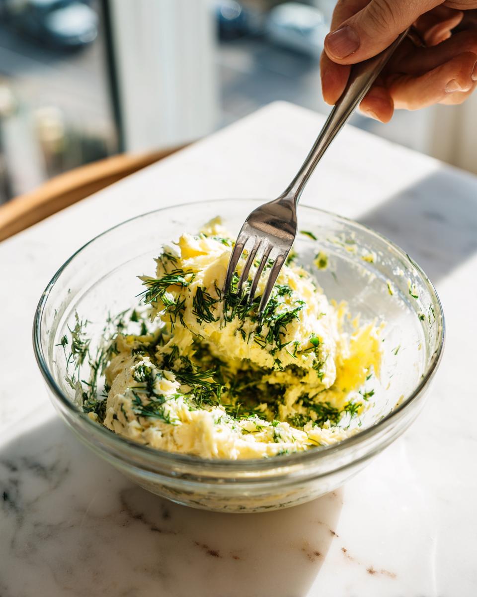 A hand uses a fork to mix softened butter with fresh dill in a glass bowl, likely for an air fryer tuna steak recipe.