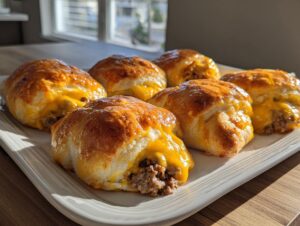 Six golden baked high protein cheeseburger pockets filled with seasoned ground beef and melted cheddar cheese, served on a white platter.