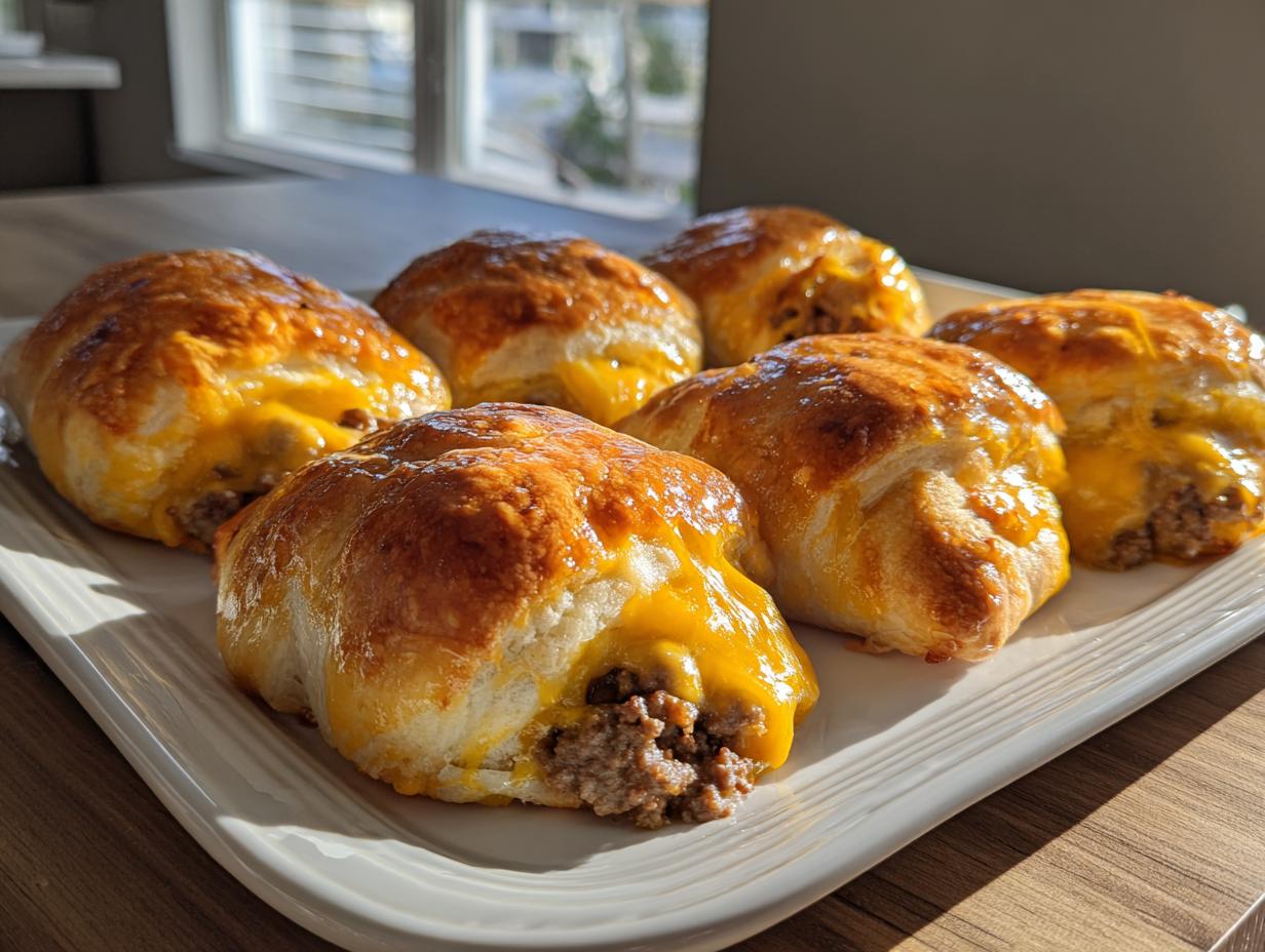 Six golden baked high protein cheeseburger pockets filled with seasoned ground beef and melted cheddar cheese, served on a white platter.