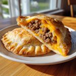 Two golden baked high protein cheeseburger pockets on a plate, one cut in half showing seasoned ground beef and melted cheese filling.