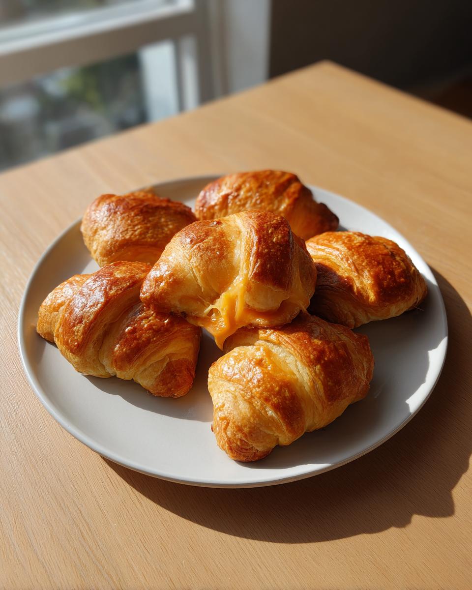 Six golden baked high protein cheeseburger pockets arranged on a light gray plate.