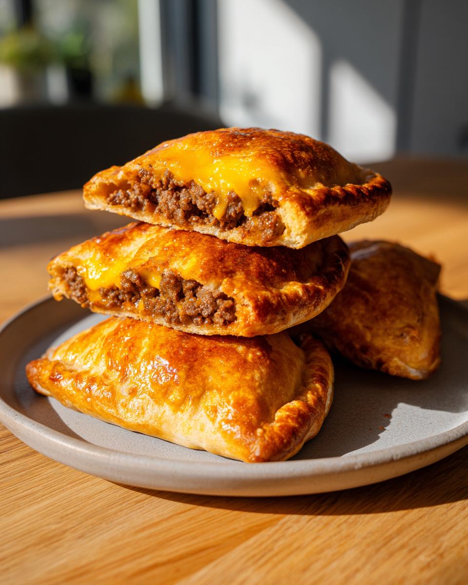 Stack of golden baked high protein cheeseburger pockets, two cut open showing seasoned ground beef and melted cheese.