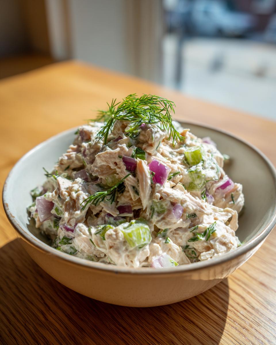 Close-up of a creamy high protein cottage cheese chicken salad mixed with red onion and celery, topped with fresh dill.
