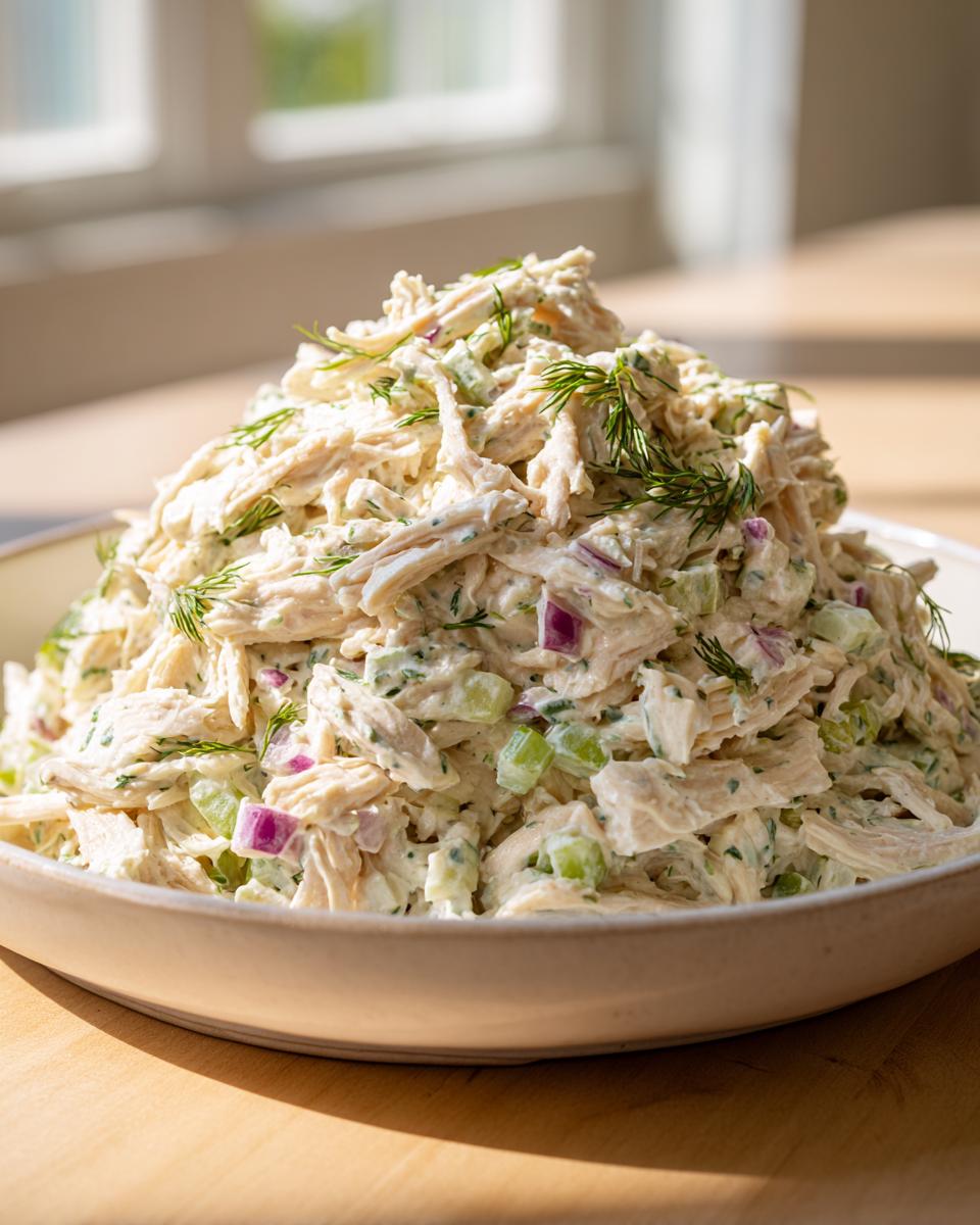 A large mound of high protein cottage cheese chicken salad mixed with celery and red onion, garnished with fresh dill.