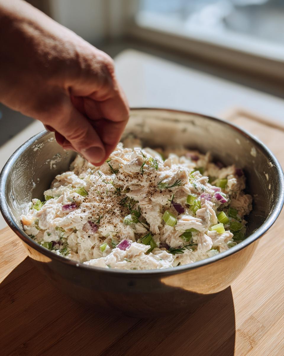 A hand sprinkling black pepper onto a bowl of high protein cottage cheese chicken salad with celery and red onion.