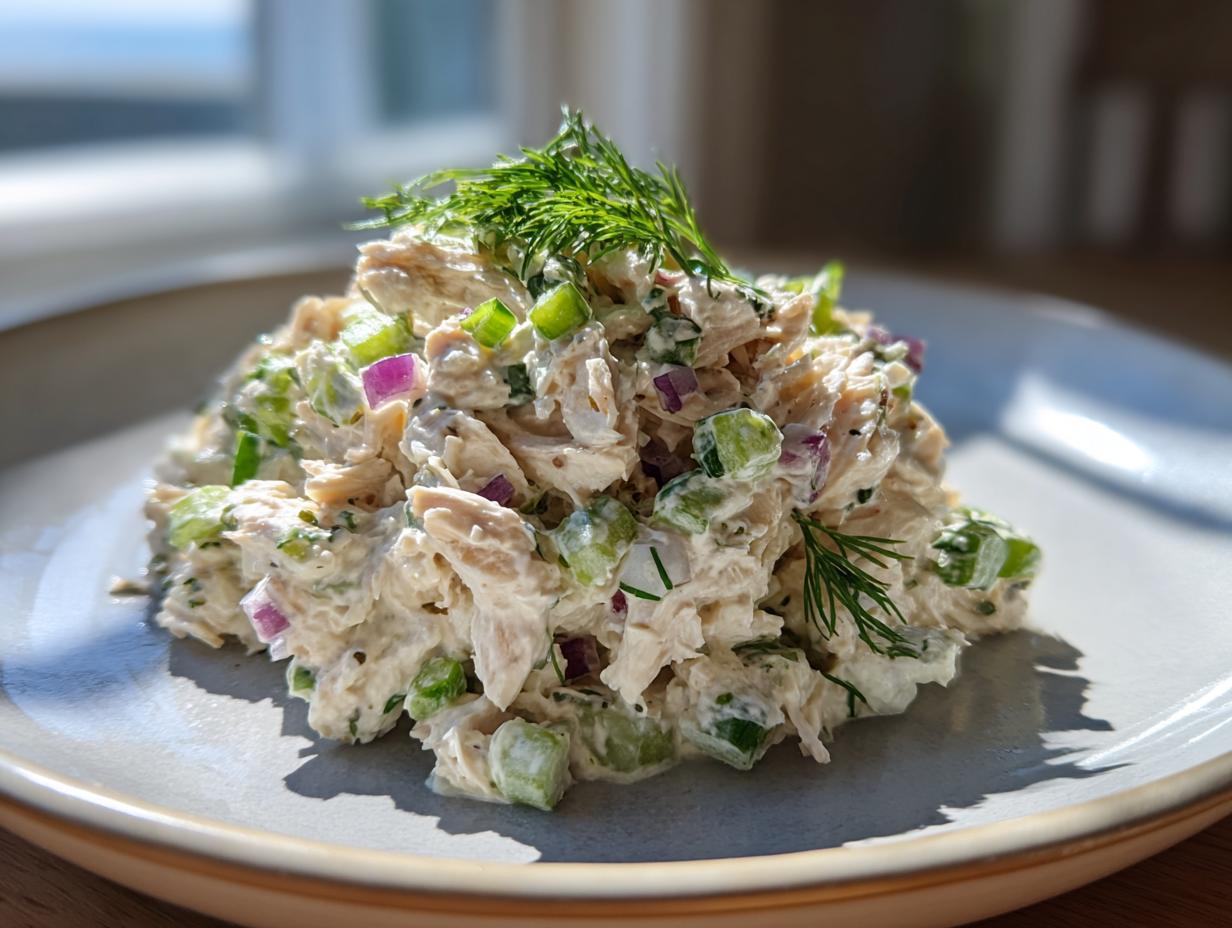 A mound of creamy high protein cottage cheese chicken salad mixed with celery and red onion, garnished with fresh dill.