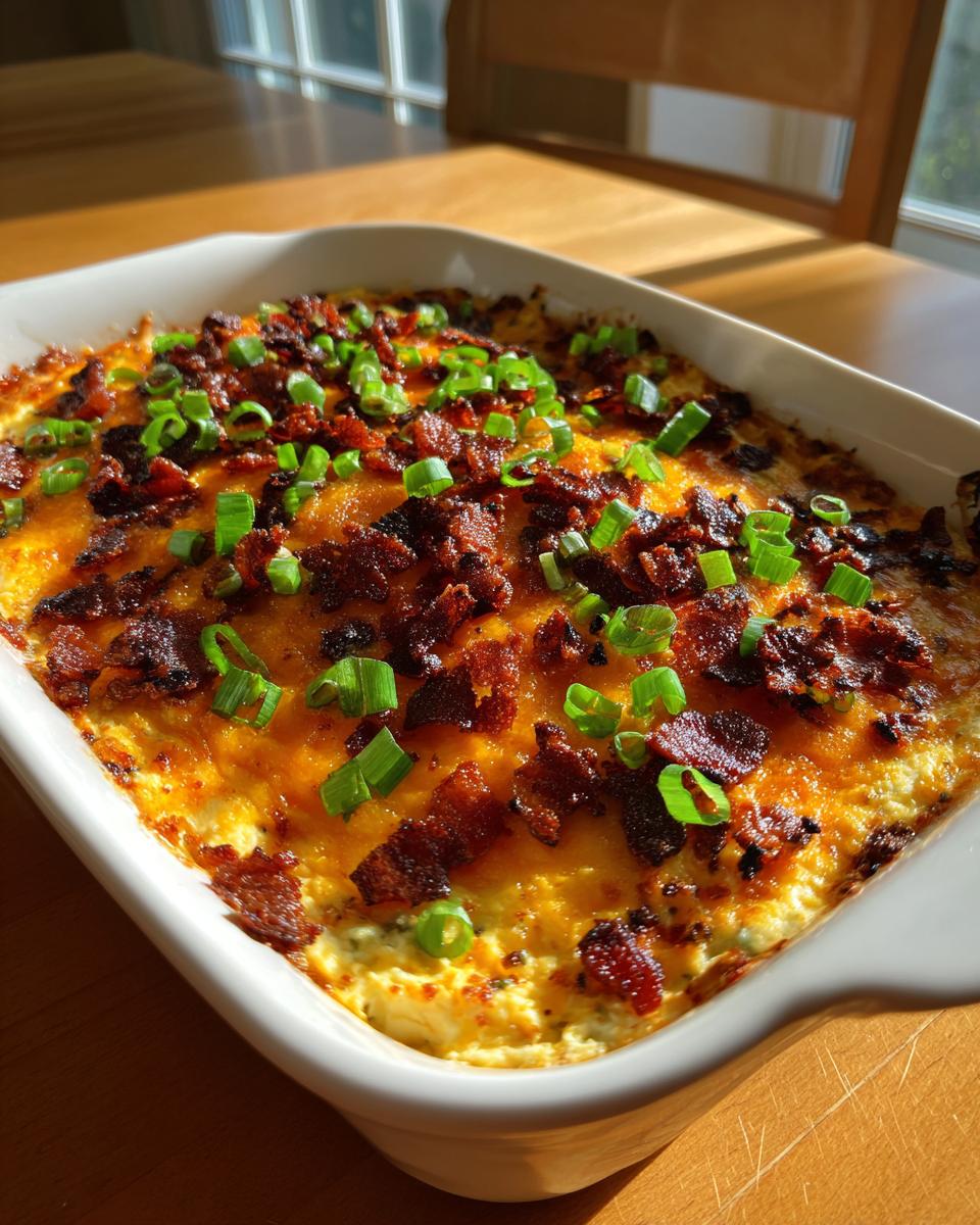 Close-up of a baked, hot cream cheese dip topped with melted cheddar, crispy bacon bits, and fresh green onions.