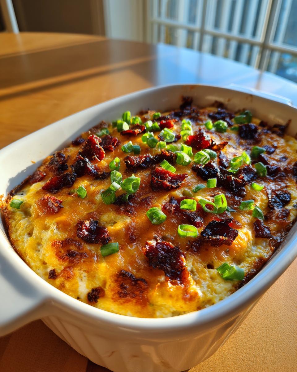 A baked, hot cream cheese dip topped with melted cheese, crispy bacon bits, and fresh green onions.