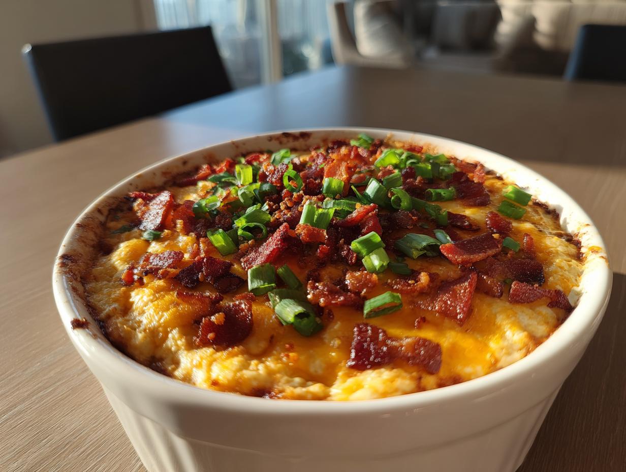 A warm, baked cream cheese dip topped with crispy bacon bits and fresh green onions in a white serving dish.