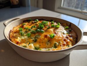 A freshly baked, bubbling jalapeno cream cheese dip topped with melted cheddar and green onions.