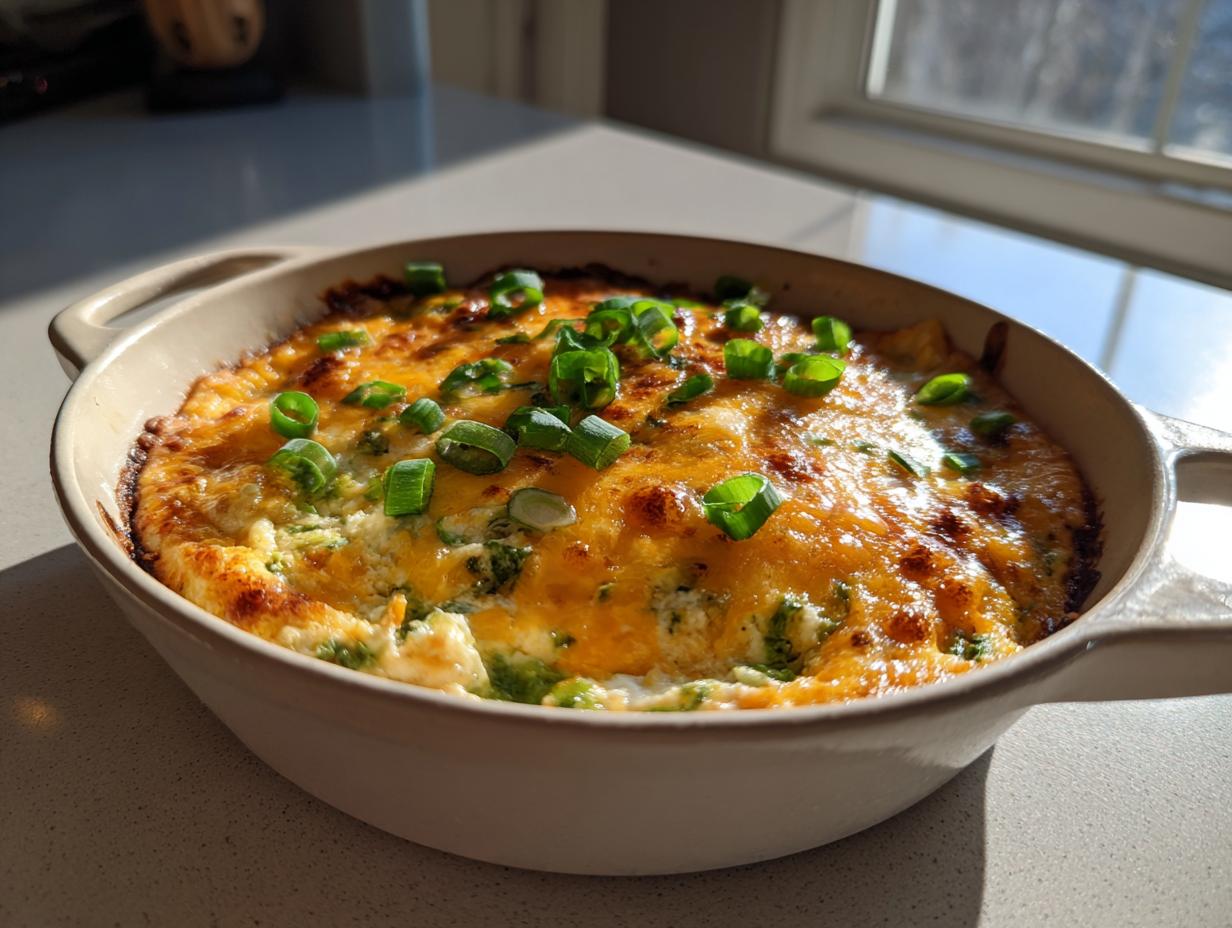 A freshly baked, bubbling jalapeno cream cheese dip topped with melted cheddar and green onions.
