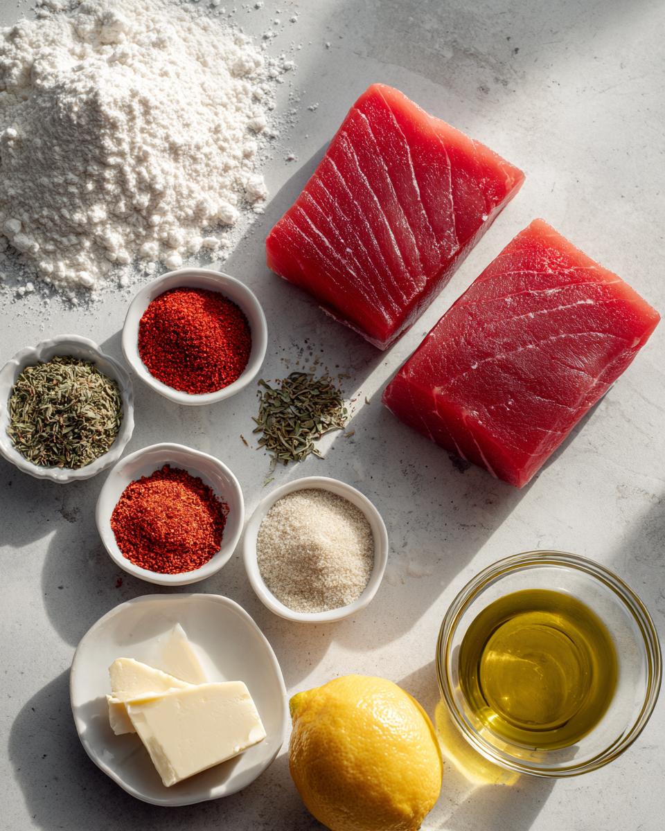 Overhead view of ingredients for blackened tuna steak: two raw tuna steaks, flour, spices, butter, lemon, and oil.