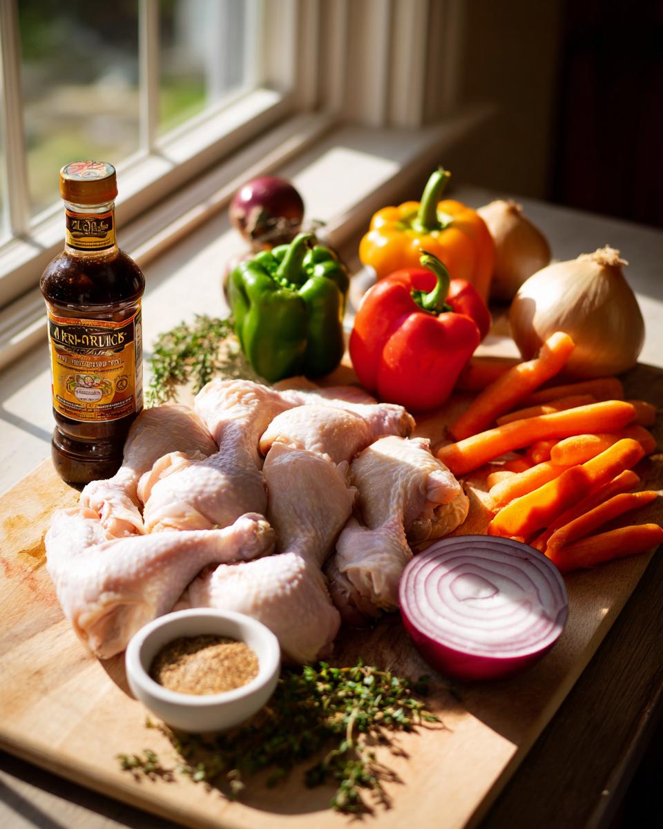 Raw chicken legs, vegetables, and browning sauce ingredients ready for making brown stew chicken.