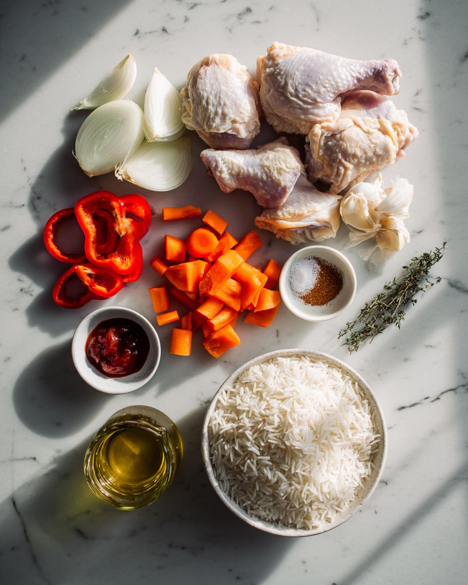 Overhead view of raw ingredients for brown stew chicken and white rice, including chicken pieces, rice, carrots, and spices.