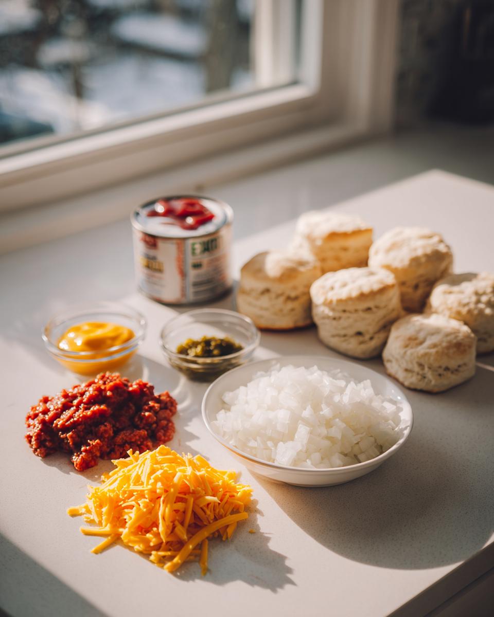 Ingredients laid out for cheeseburger pockets biscuits: cooked ground beef, shredded cheese, diced onions, mustard, relish, biscuits, and ketchup can.