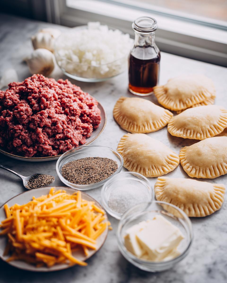 Raw ingredients including ground beef, shredded cheese, and unbaked crescent roll pockets for making cheeseburger pockets crescent rolls.
