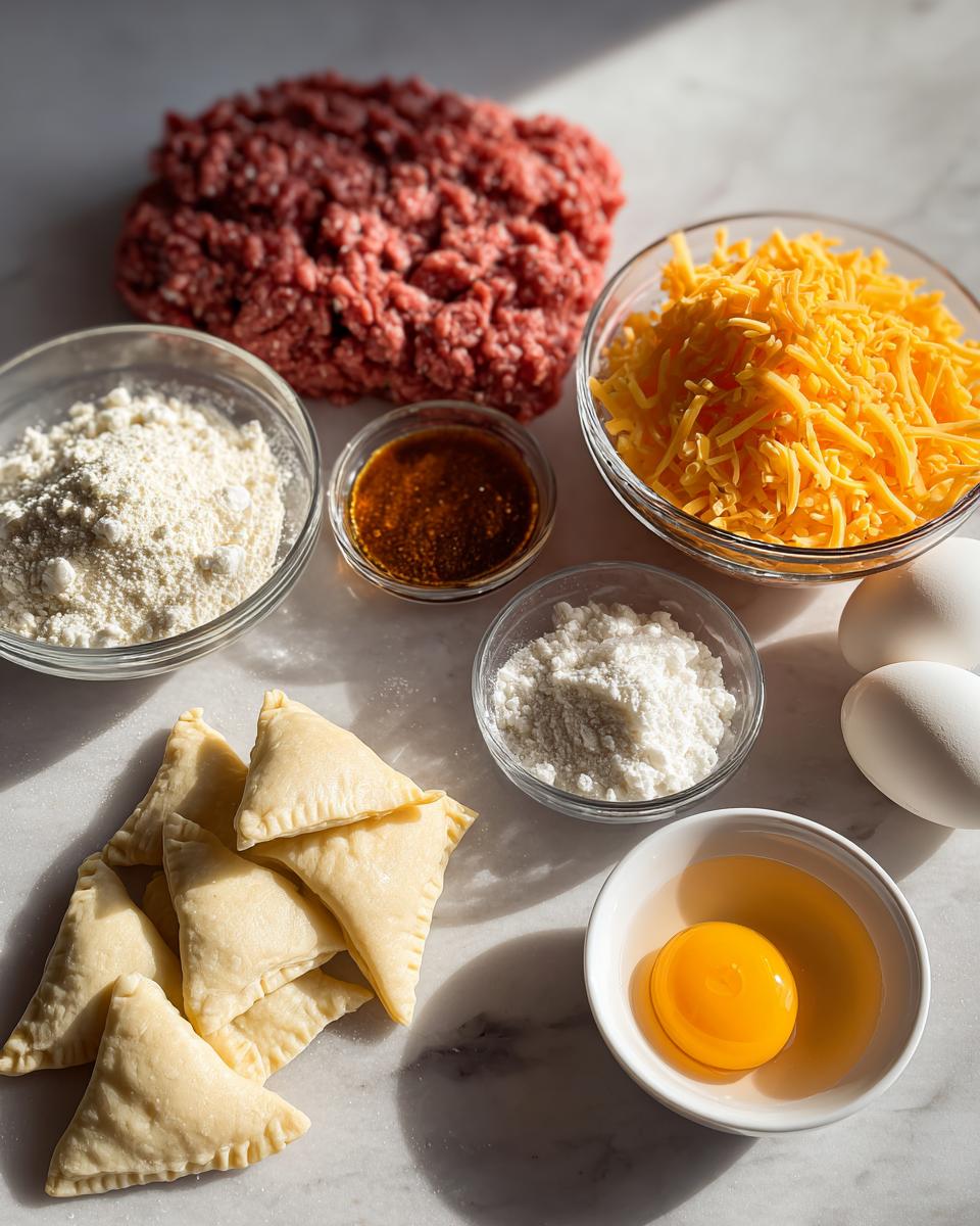 Ingredients laid out for cheeseburger pockets, including ground beef, shredded cheese, flour, and raw dough pockets.