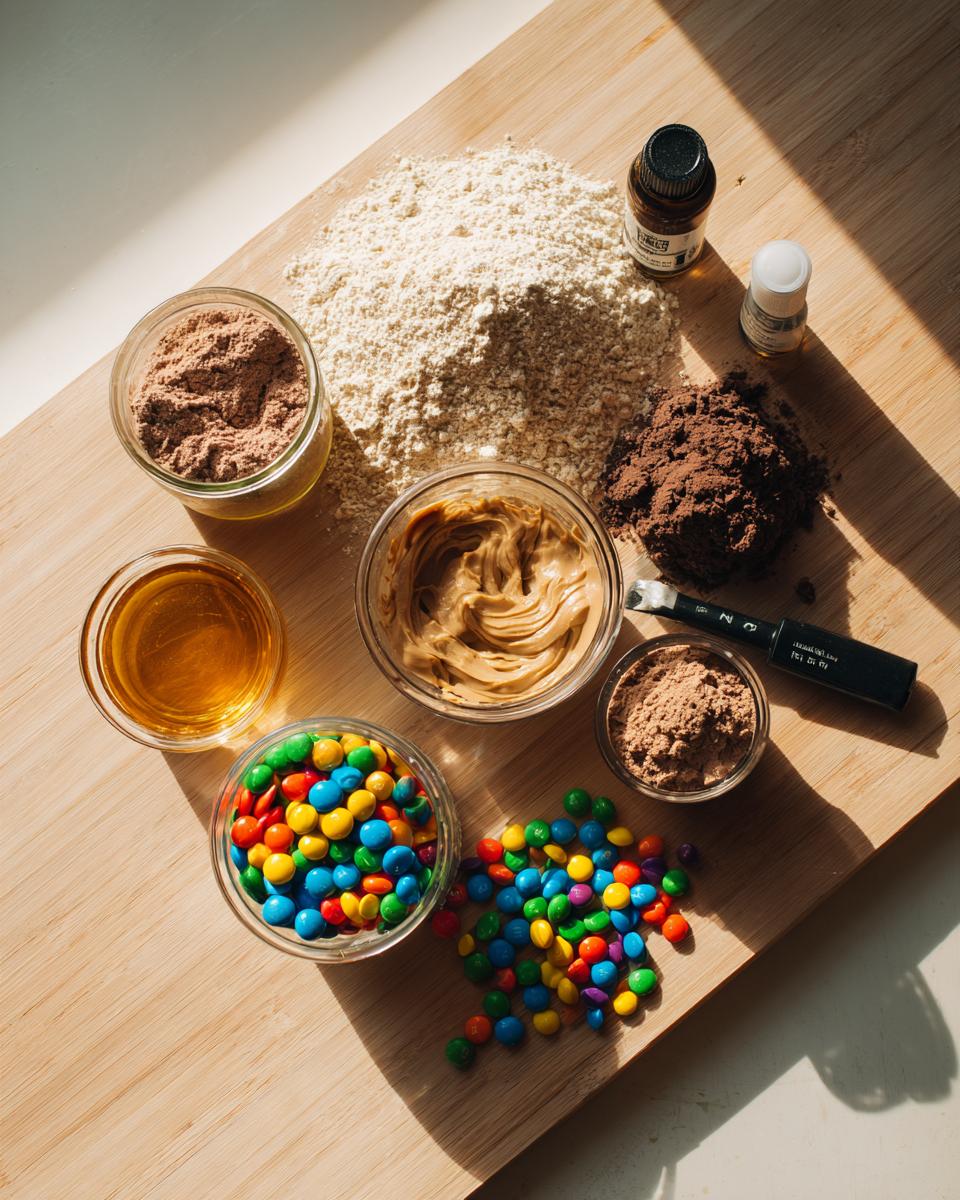 Ingredients laid out for cosmic brownie protein bites, including flour, cocoa powder, peanut butter, honey, and colorful candies.