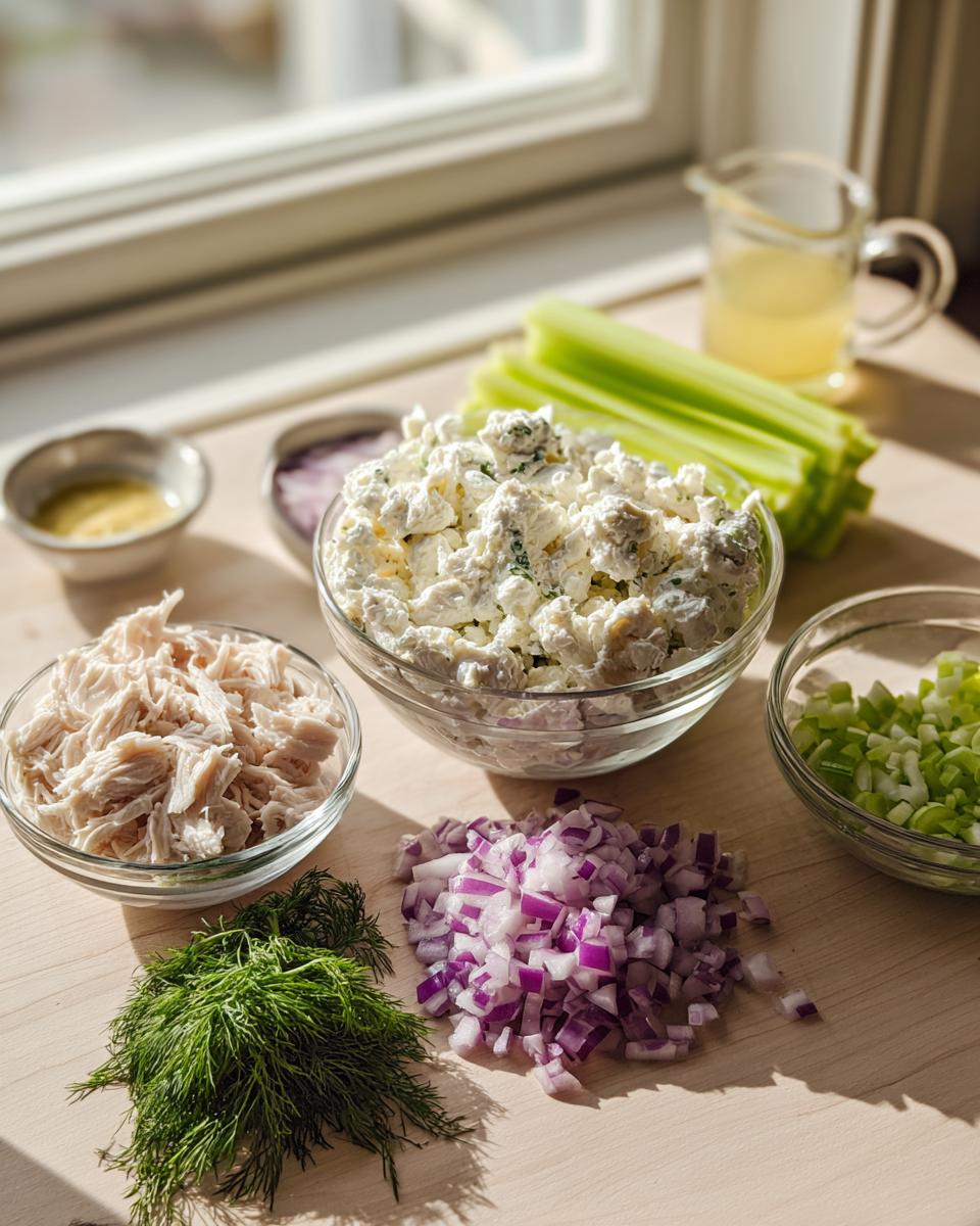 Bowls of prepared ingredients including shredded chicken and cottage cheese mixture for cottage cheese chicken salad.