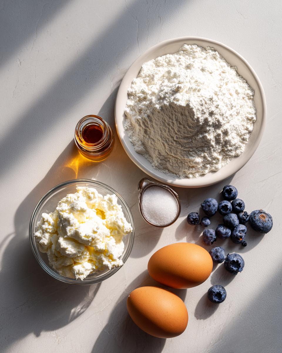 Overhead shot of ingredients for cottage cheese waffles: flour, cottage cheese, eggs, sugar, vanilla, and blueberries.