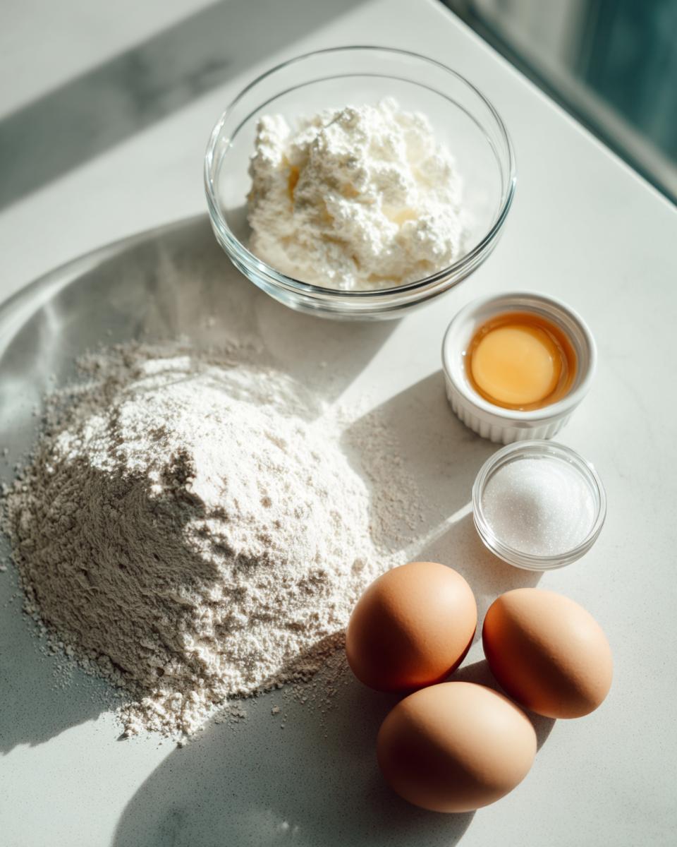 Ingredients laid out for cottage cheese waffles healthy recipe: flour, cottage cheese, eggs, and sugar.