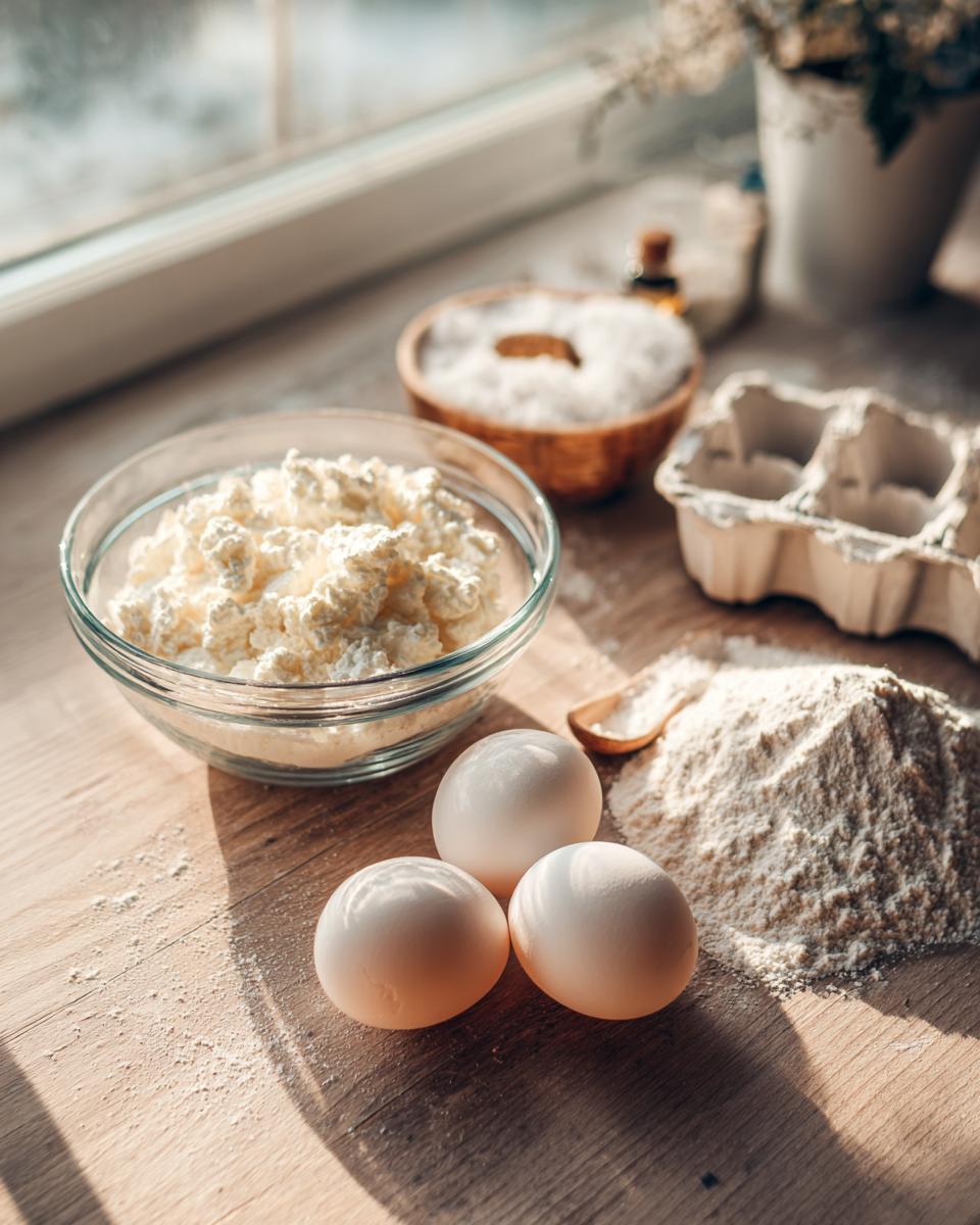 Ingredients including cottage cheese, eggs, and flour for making cottage cheese waffles low carb.