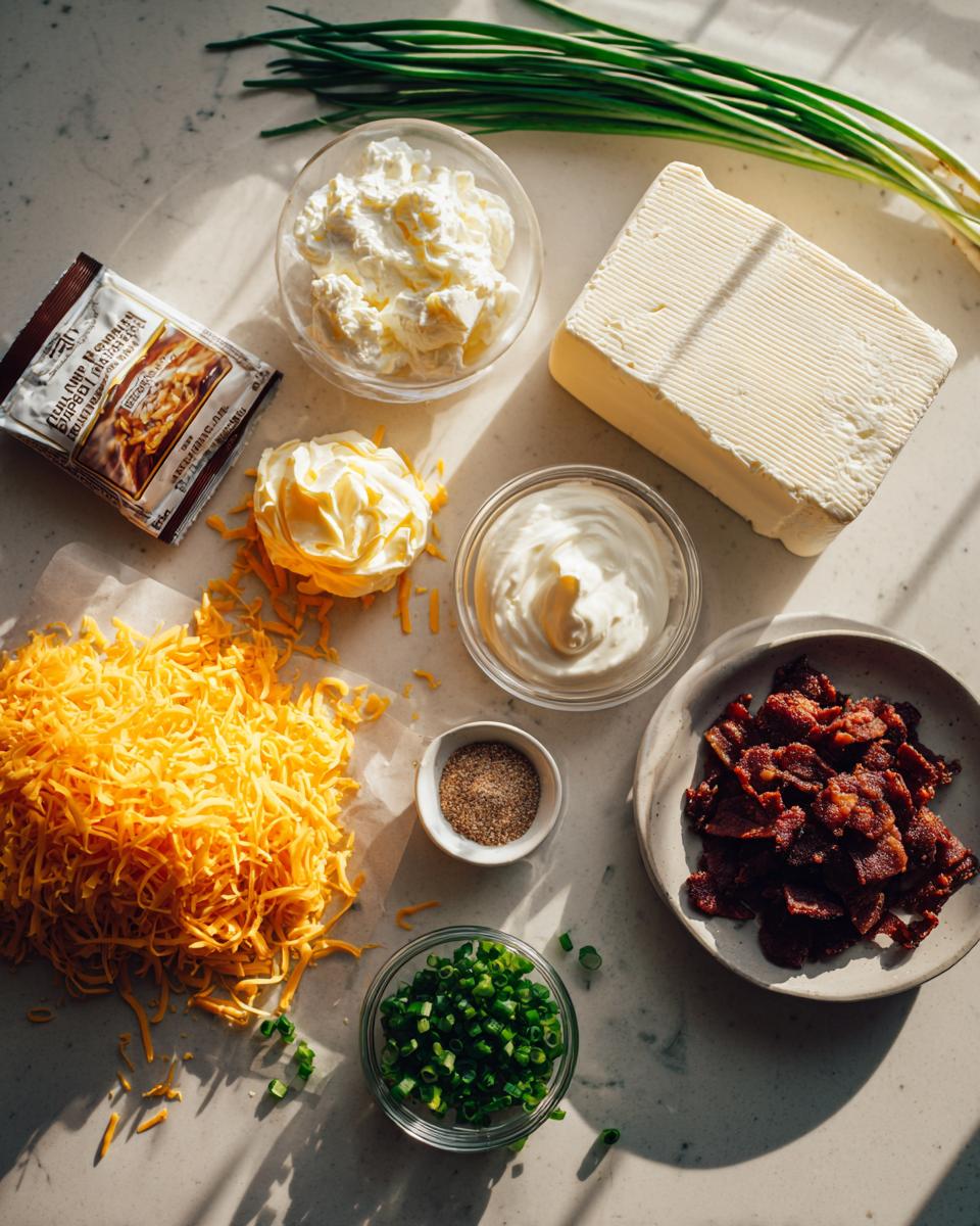 Overhead view of ingredients for cream cheese dip, including shredded cheddar, bacon, cream cheese, and chives.