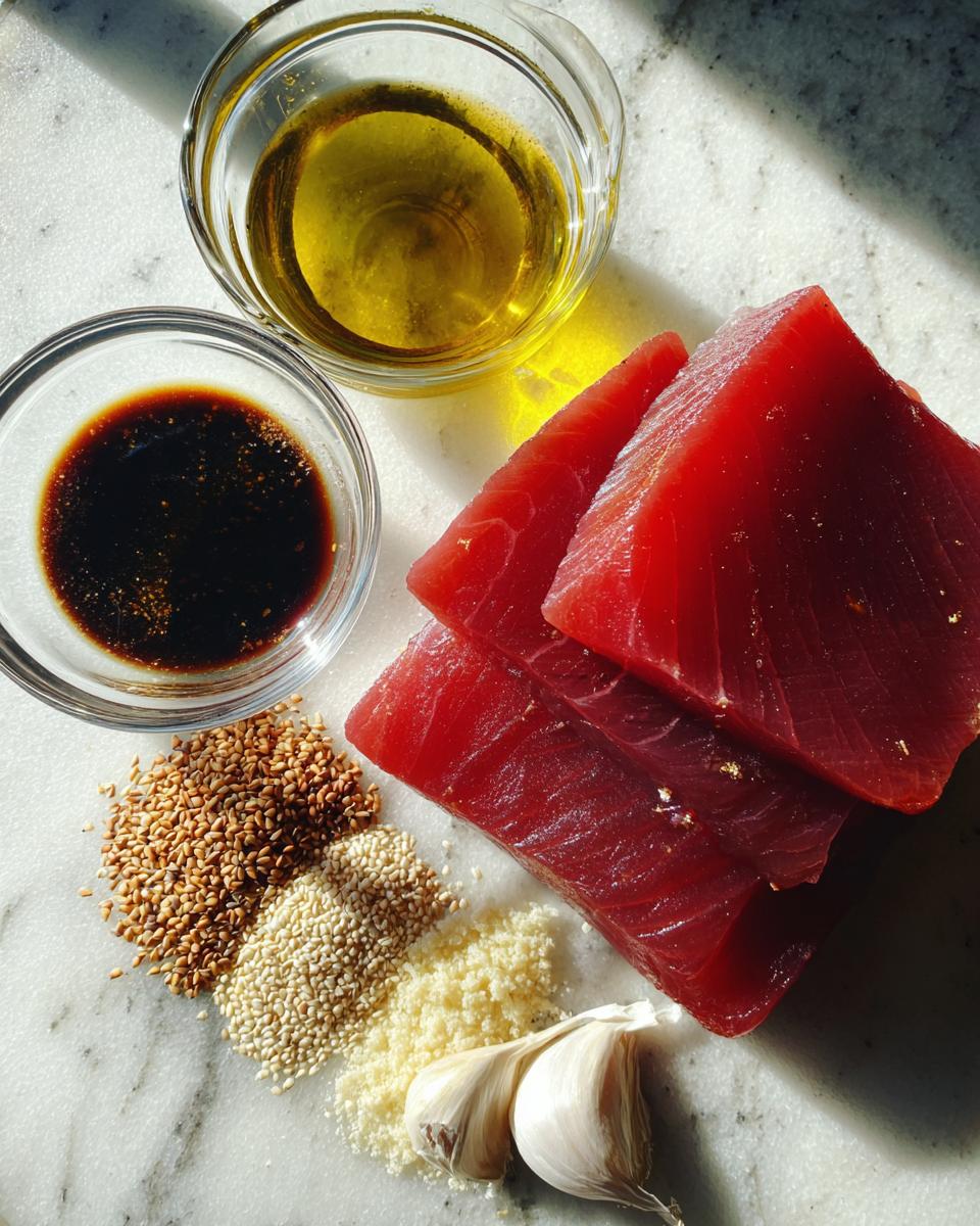 Raw, bright red pieces of tuna steak next to marinade ingredients for grilled tuna steak.