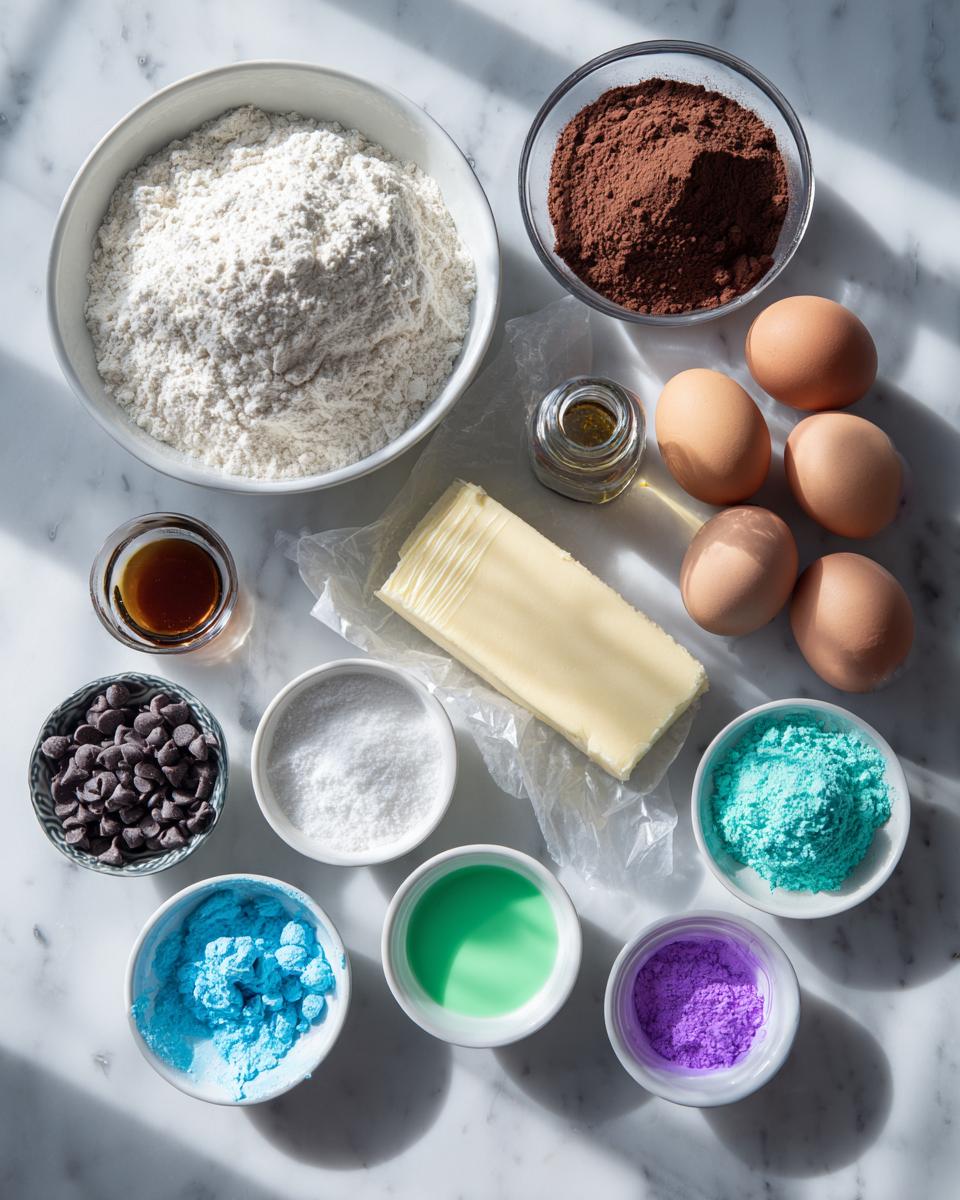 Overhead shot of ingredients for gluten free cosmic brownies, including flour, cocoa powder, eggs, butter, and colorful frosting components.