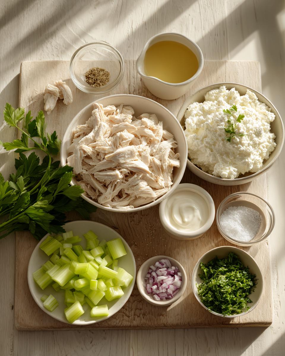 Overhead view of ingredients for greek yogurt cottage cheese chicken salad: shredded chicken, cottage cheese, celery, onion, and seasonings.